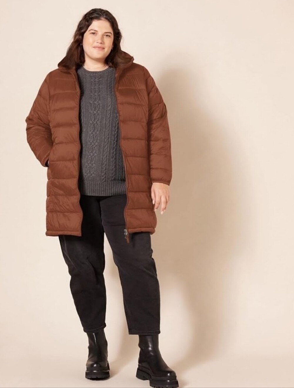 Long Quilted Puffer Coat in Brown